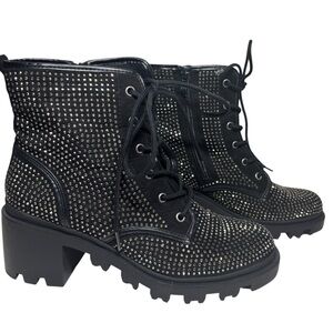 Steve Madden Girl Dymond Black Studded Lace Up Chunky Heel Boots Womens Size 10